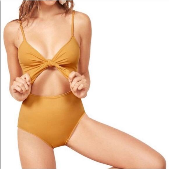 Reformation Tropicana Tie Front Cutout One Piece Swim Saffron Gold Mustard Small - Picture 1 of 10